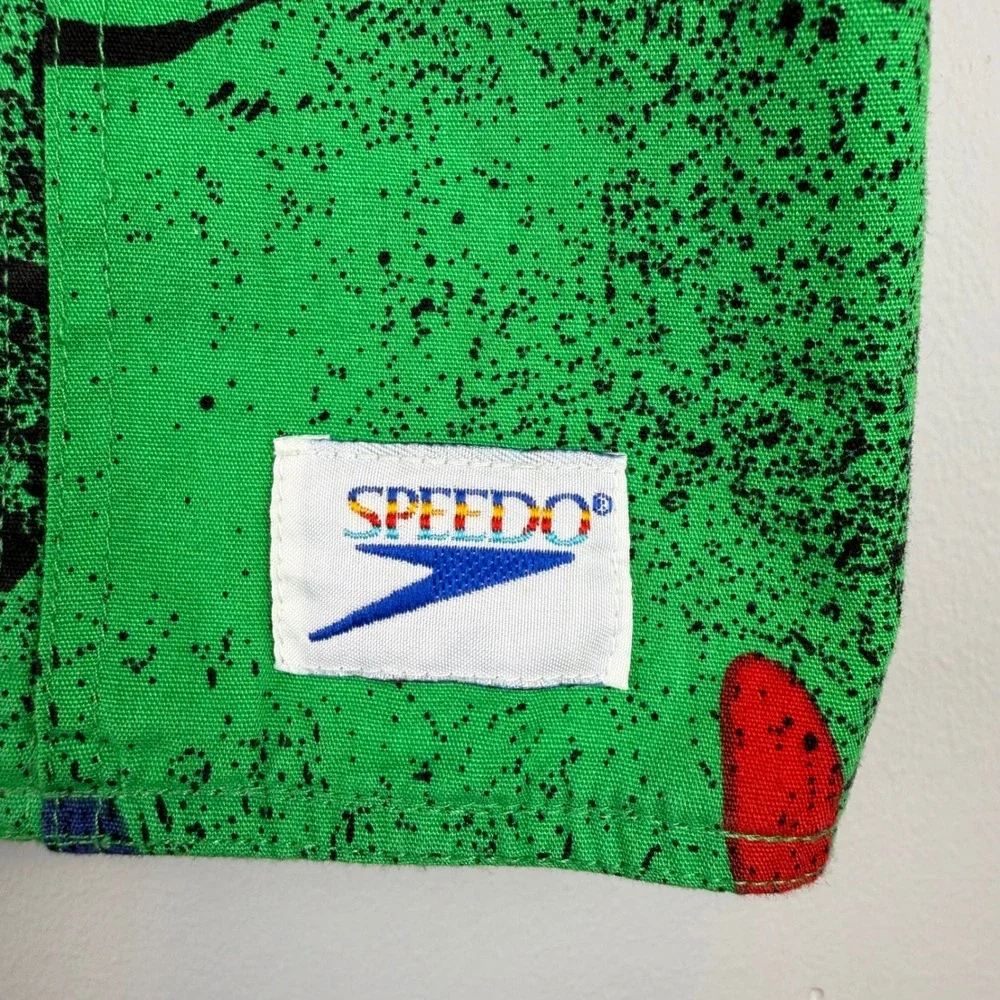 VTG Speedo Green Abstract Print Swim Trunks Mens XL Cargo Pocket Funky Pop Art